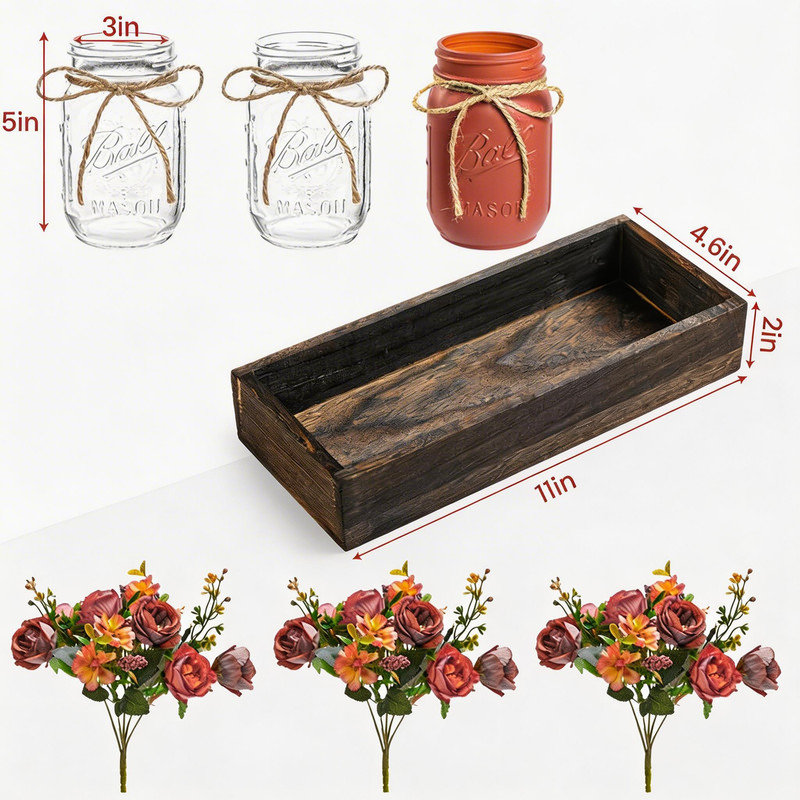 3PCS Mason Jar Centerpiece Table Decorations with Wood Tray LED Lights Farmhouse Dining Table Home Decor