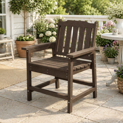 HDPE Faux Wood Outdoor Dining Chair, Farmhouse Slatted Armchair with High Back & Armrests, Weather Resistant Patio Furniture, 286 lbs Capacity, Dark Brown