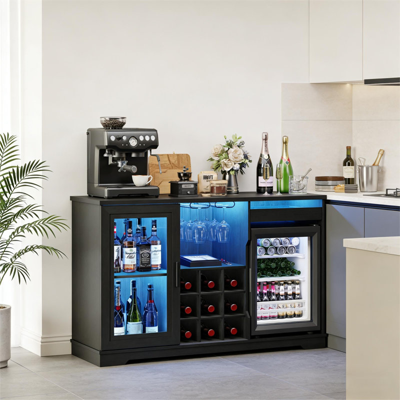 Armoire de bar à vin avec réfrigérateur, armoire à café avec lumières DEL et porte-verre, mini armoire de réfrigérateur avec rangement, capteur de corps humain, buffet de table pour la salle à manger de cuisine, noir