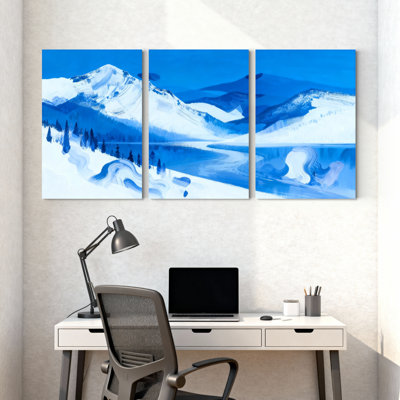 Paysage enneigé, paysage enneigé, lac, paysage d'hiver, ensemble de 3 reproductions d'art sur toile