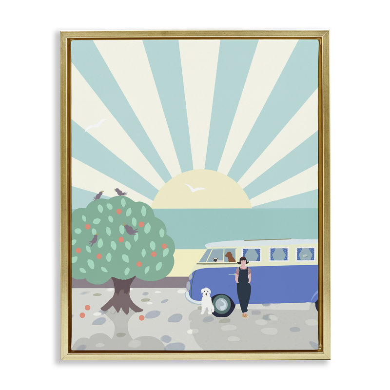 "Road trip stop", art mural sur toile flottante par Betty Boynes, Cadre flottant métallique doré, H 31 po x l 25 po
