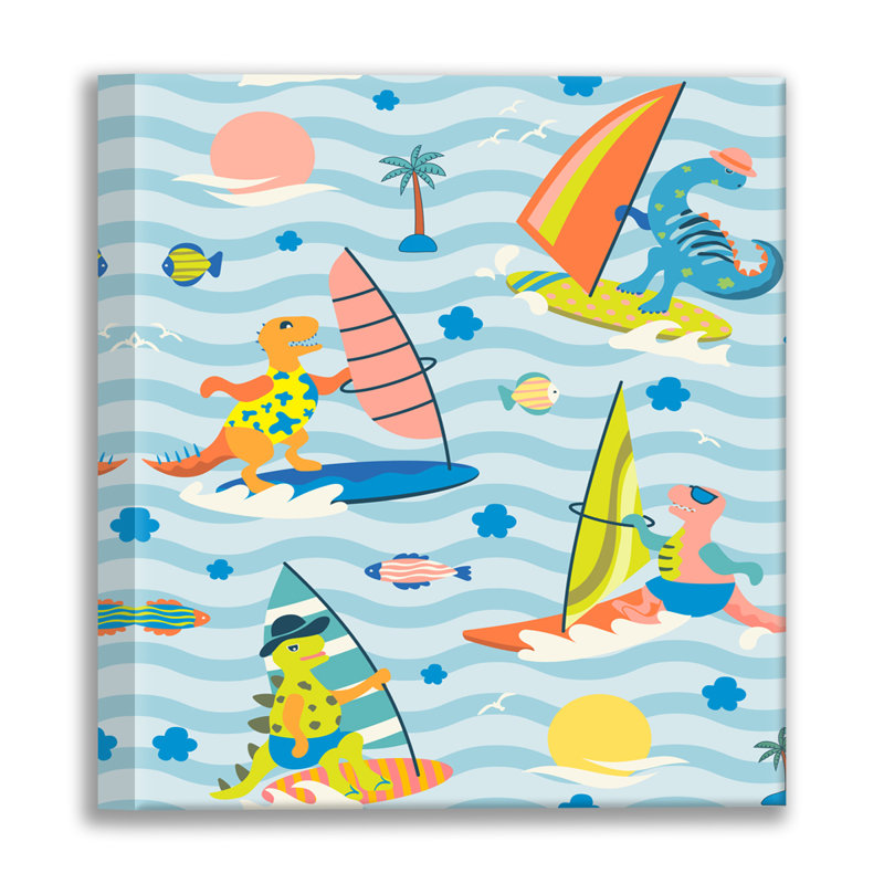 Dinosaures en vacances, planche à voile, estampe numérique sur toile tendue par Roochita Chachra, H 15 po x l 15 po