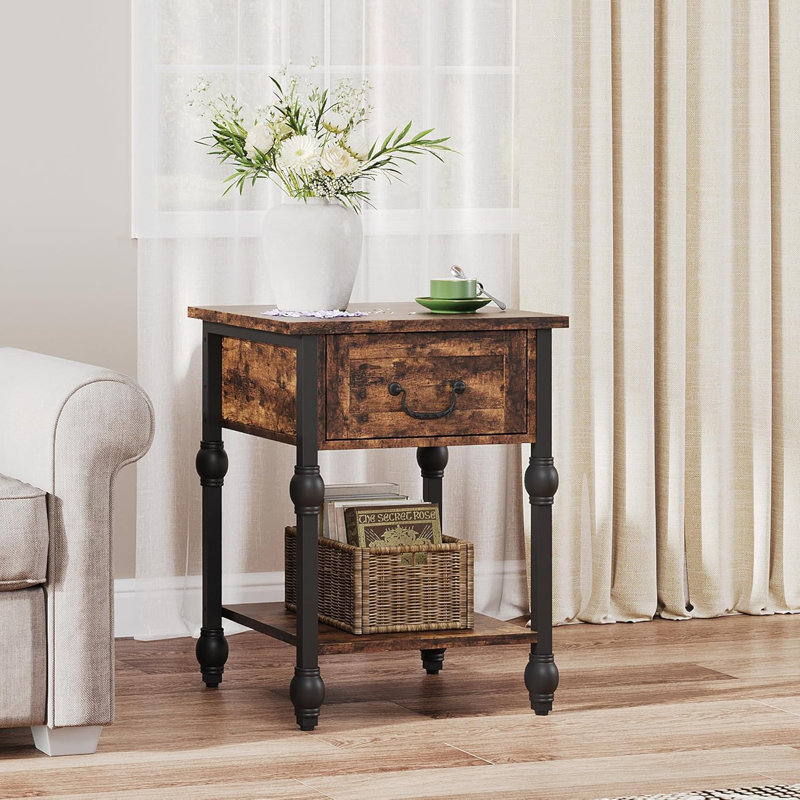 2-Tier Industrial Side Table with Drawer and Open Storage Shelf – Rustic Brown and Black Nightstand for Bedroom, Study, and Living Room – Space Saving End Table and Storage Solution