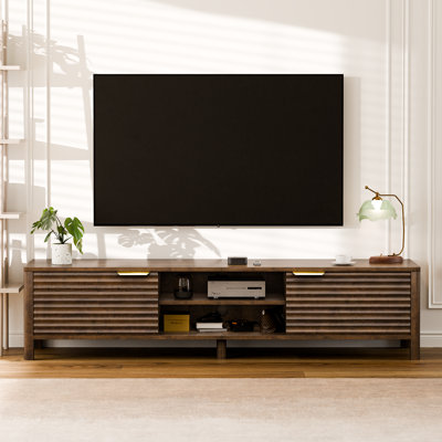 59" W Mid-Century TV Stand - Walnut Colour Entertainment Centre to 65" TVs, Dual Accessible Cabinets with Cable Outlet, Modern Home Furniture