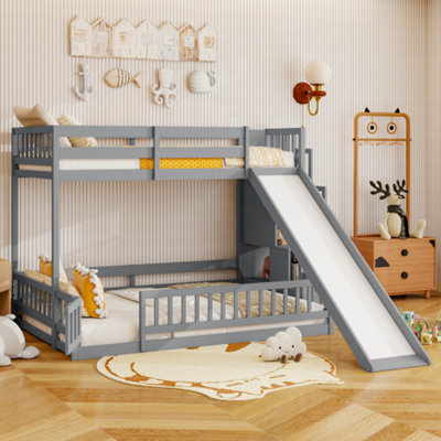 Twin Over Full Bunk Bed with Slide, Storage Staircase and Safety Guardrails