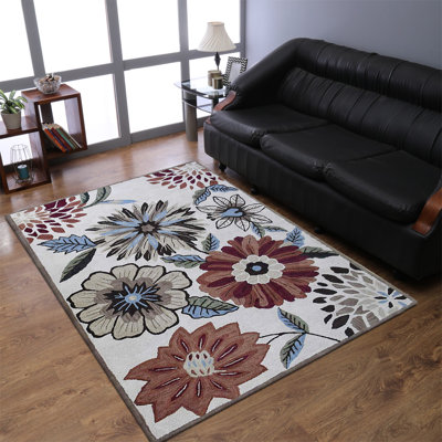 Bogue Hand Tufted Wool Eco-Friendly Area Rugs - Rectangle, Cream Color, Floral Modern Design, High Pile Thick Handmade Anti Skid Area Rugs for Living Room, Bed Room