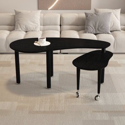 Tables basses gigognes rotatives 2 pièces en forme de croissant, table d'appoint coulissante avec panneau de fibres à densité moyenne et pieds en bois d'hévéa massif pour le bureau à domicile, noir