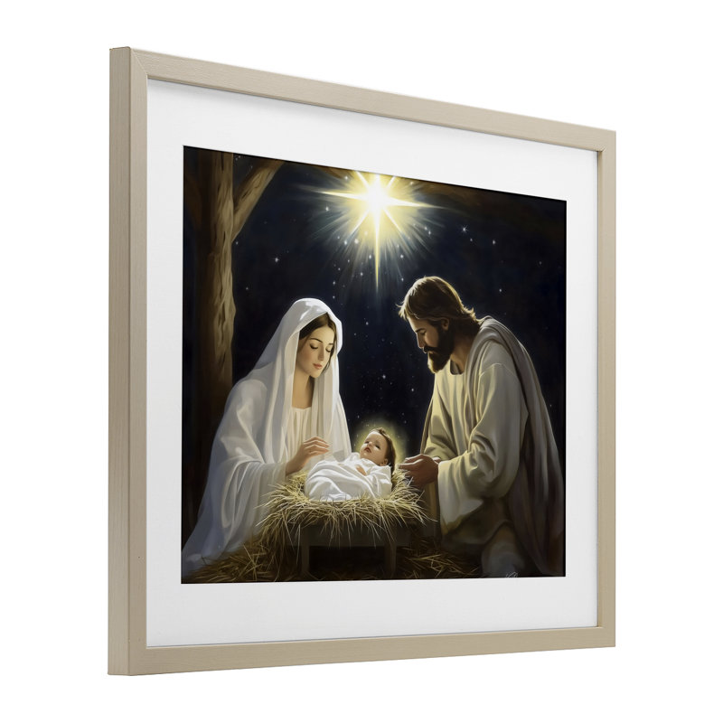 Scène de la Nativité «Peaceful Night», reproduction sous verre, design par Arlington Prints, Cadre de récolte en pin