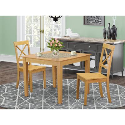 3 Piece Dining Set Contains a Square Dining Room Table and 2 Kitchen Chairs, Oak