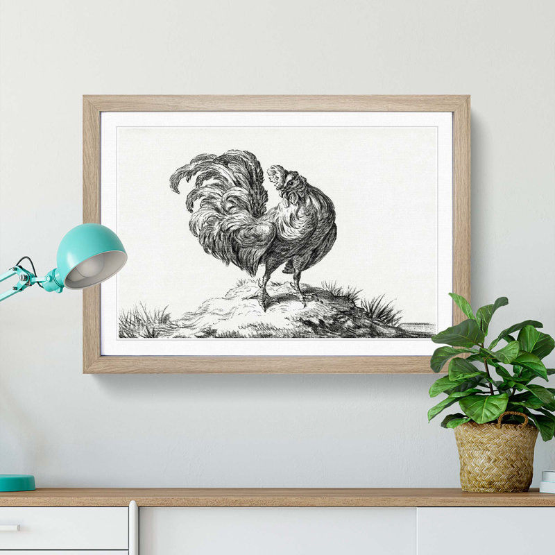 Sketch of a Rooster by Jean Bernard - Picture Frame Drawing Print, Oak Framed, 48cm H x 65cm W x 2cm D
