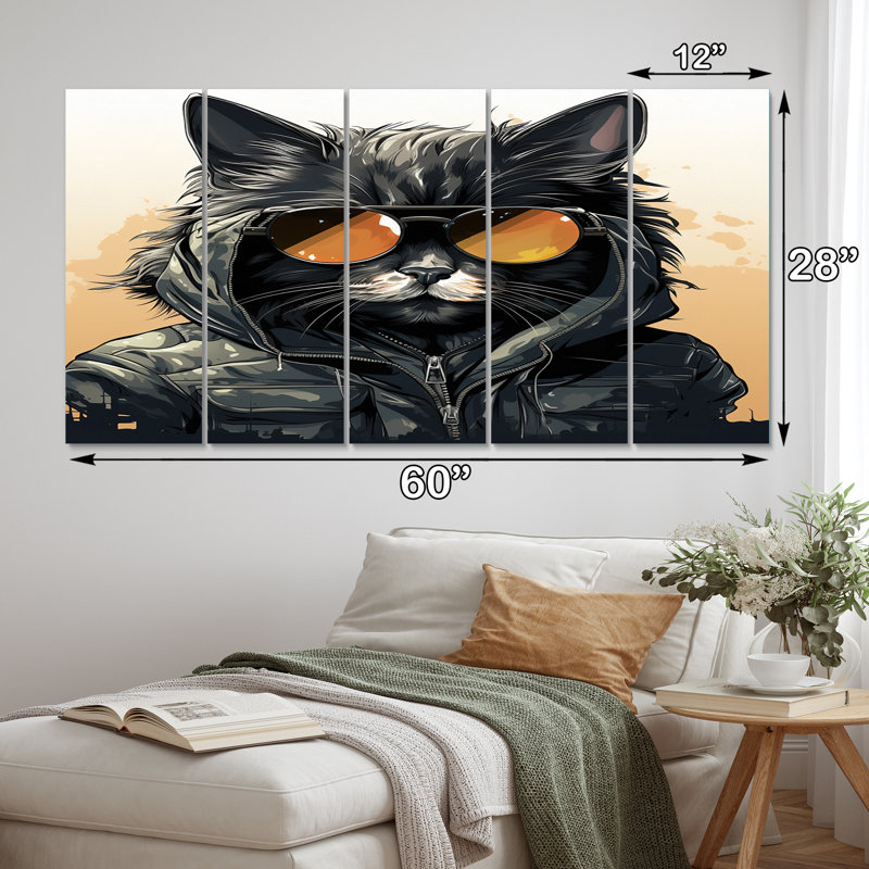«Fashion Cat In Glasses» - reproduction sur toile de couple - 5 panneaux égaux