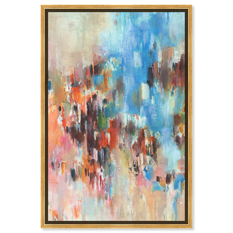Large Gold Framed Blue and Multicolor Abstract Canvas Art