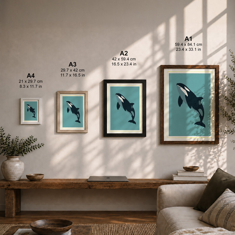Leaping Orca Coastal - Framed Print, A2 - 59.4 x 42.0 cm, Walnut