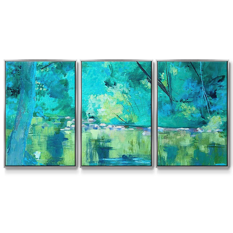 Housatonic River 3 pièces, H 24 po x l 48 po x P 2 po, Encadrement argenté