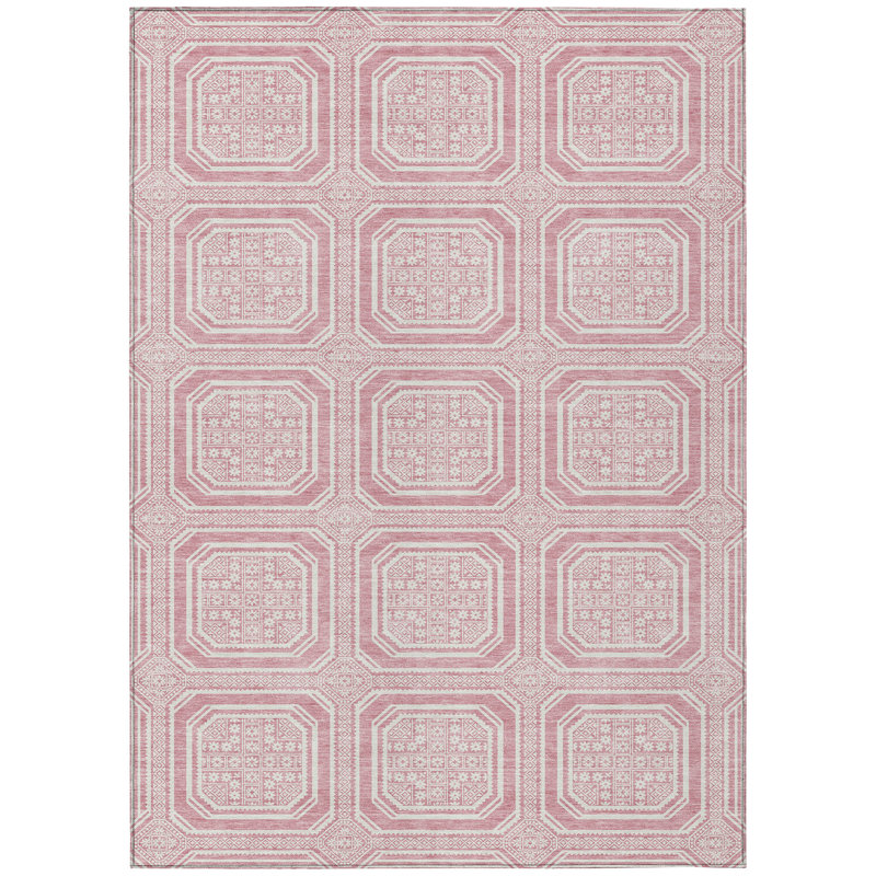 Pink and White Rectangular Washable Synthetic Rug