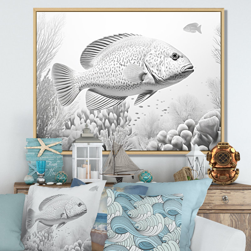Monochromes de poissons gris et blancs sur toile, Cadre naturel flottant, H 30 po x l 40 po x P 1,5 po