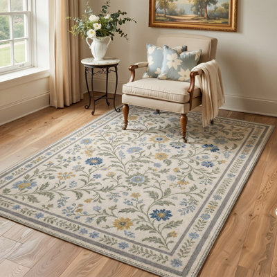 Tapis de couloir floral ivoire / bleu lavable à la machine avec envers antidérapant
