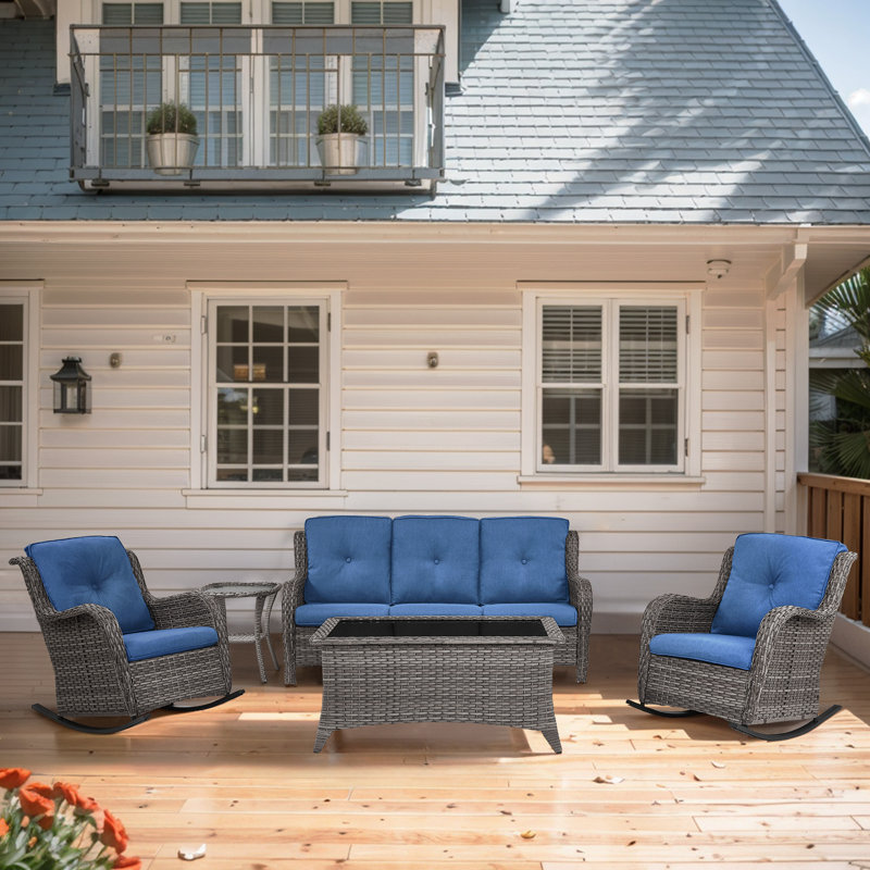 Bonia 5 - Person Outdoor Sofa Seating Group with Coffee Table and Cushions, Blue, Gray