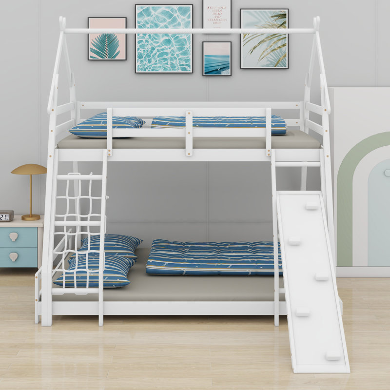 House Bunk Bed With Climbing Nets And Climbing Ramp, White