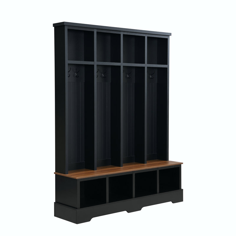 Farmhouse Wide Hall Tree With Bench, 8 Hooks And Storage Compartments For Entryway, Black