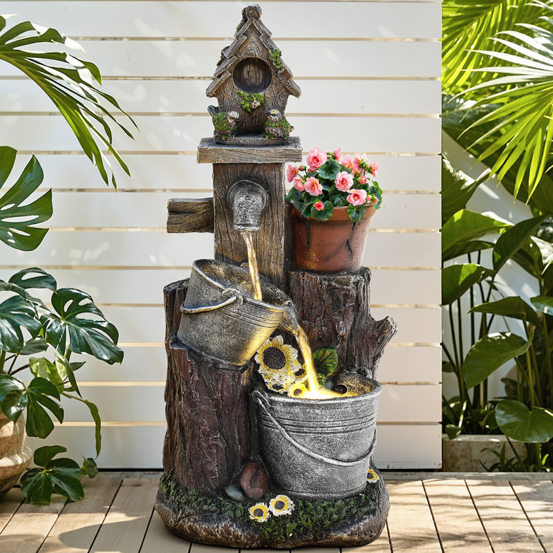 20" 3-Tier Pastoral Water Fountain with LED Lights, Bucket Birdhouse Cascading Waterfall Decor, Weather-Resistant Resin Outdoor Feature