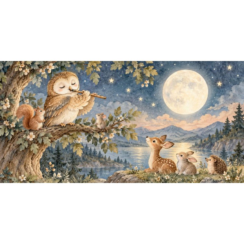 Owl Flute Wallpaper Mural, Peel and Stick Kids Room Wall Mural, Watercolor Animal Music Nursery Wallpaper, 152 x 102 cm