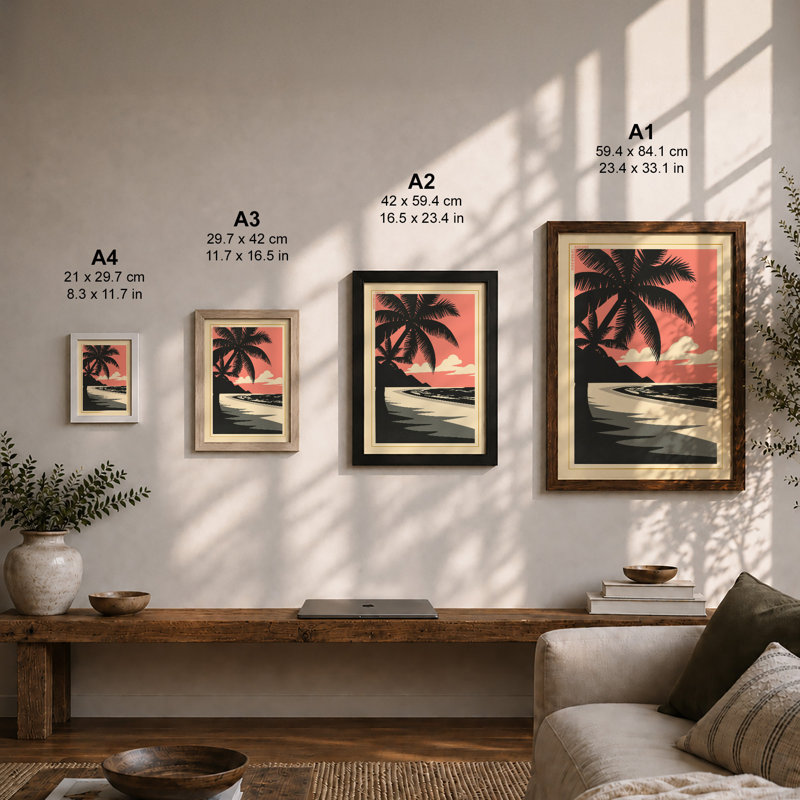 Tropical Sunset Woodcut Coastal - Framed Print, Oak, A4 - 29.7 x 21.0 cm