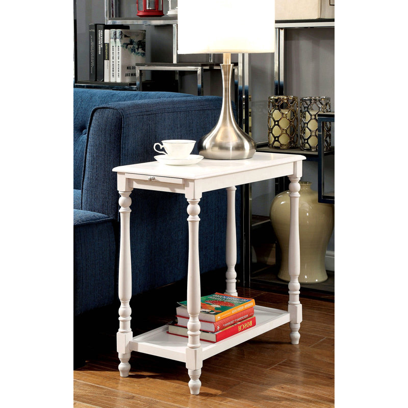 Table d'appoint transitionnelle blanche 1pc avec tablette cachée et pieds tournés