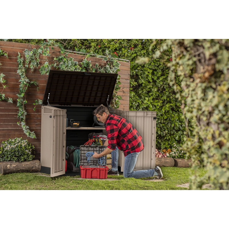 Beige Resin Horizontal Outdoor Storage Shed with Locking Latch