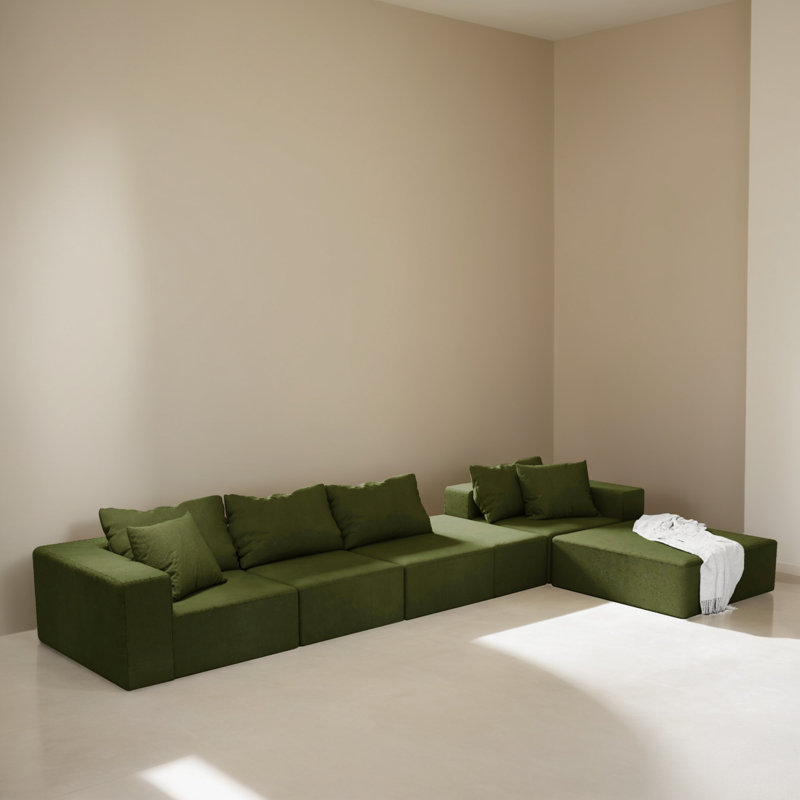 132" Wide Modular L-Shaped Sleeper Sectional Sofa Bed, Green Chenille