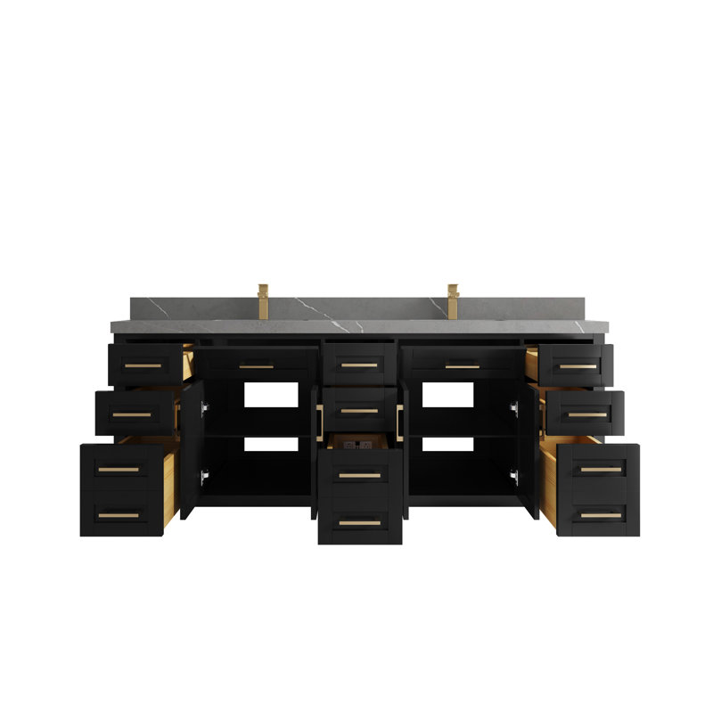 84'' Double Bathroom Vanity with Quartz Top, Piatra, Black