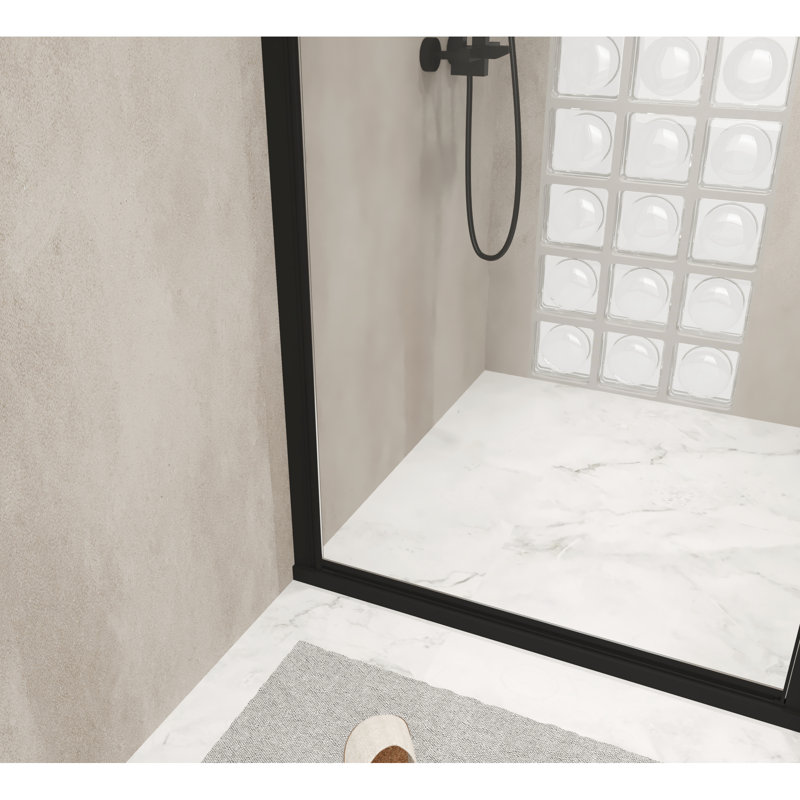28X72 Inch Shower Door With Pivot Function, Matte Black Aluminum Half Frame, 1/4" Tempered Glass, Film, Practical Water - Blocking, Space Saving Swing For Bathroom Enhancement 6Mm Transparent Proof