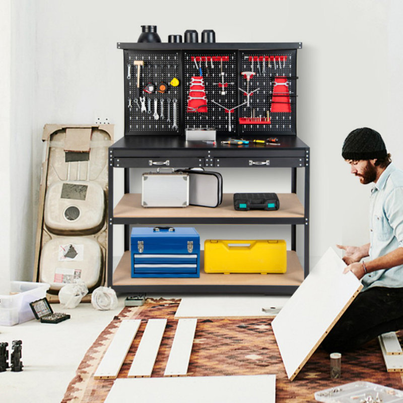 48 Inch Workbench With Pegboard And Drawers