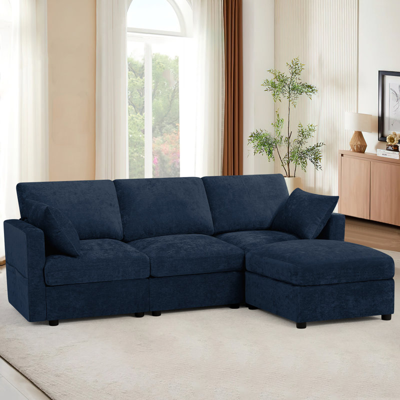 Canapé modulaire en chenille de 84 po avec repose-pieds réversible, canapé moderne avec coussin rembourré, canapé 3 places confortable pour le salon et le bureau