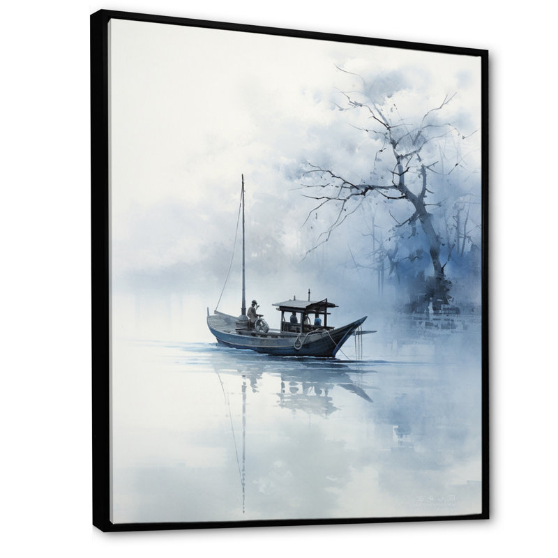 Art asiatique, bateau bleu - impression, H 44 po x l 34 po x P 1,5 po, Toile avec cadre flottant noir
