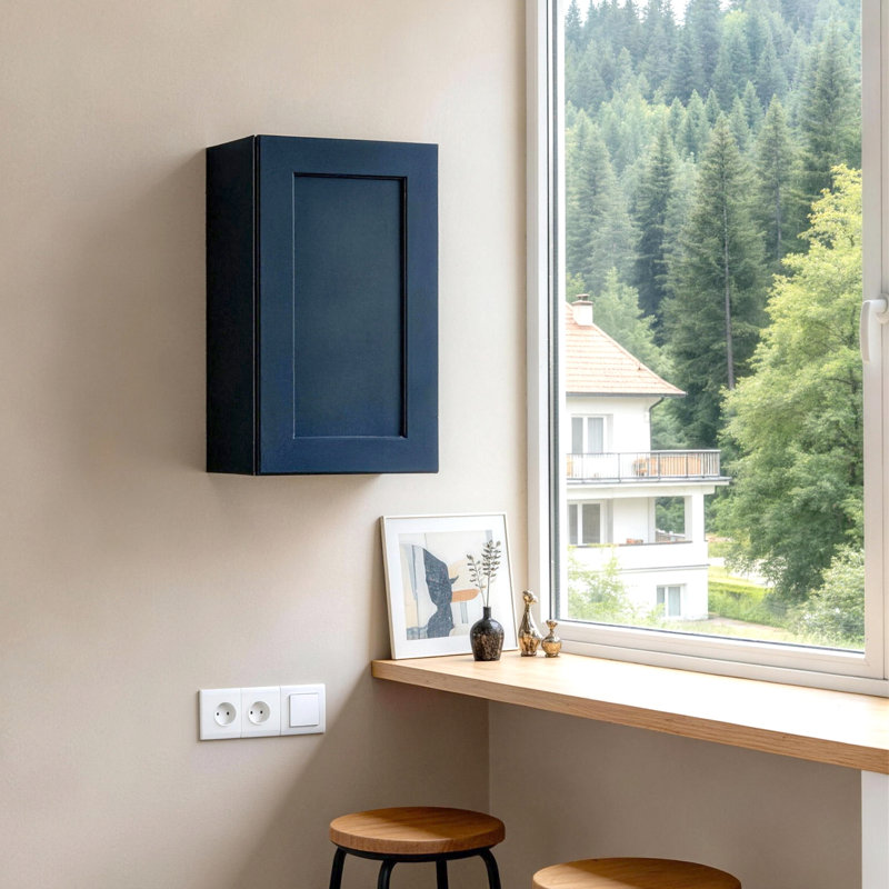 Armoire murale 18 po en bois massif bleu marine avec 2 tablettes réglables prêtes à assembler pour la cuisine, la salle de bain, la buanderie et le garage