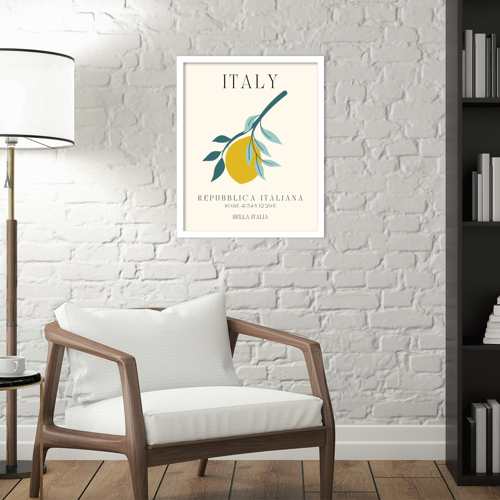 Italy Travel Poster Bella Italia by Chayan Lewis, White Framed, 17" W x 21" H x 1" D