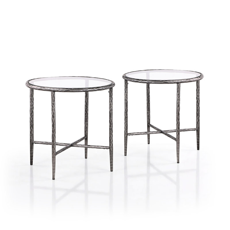 Ensemble de 2 tables de bout rondes en métal martelé en forme de X Lalia, Gris mat