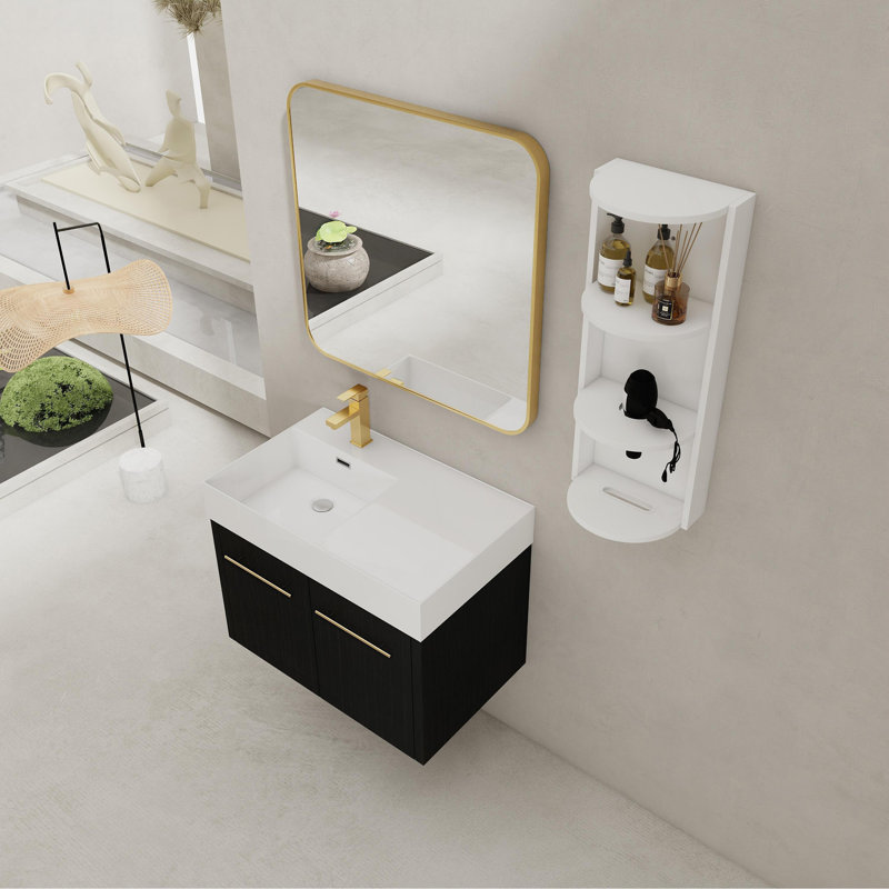 30 Inch Wall-Mounted Bathroom Vanity With Sink And Storage Rack, Thick Edged Resin Left Basin, KD-Package, 30"