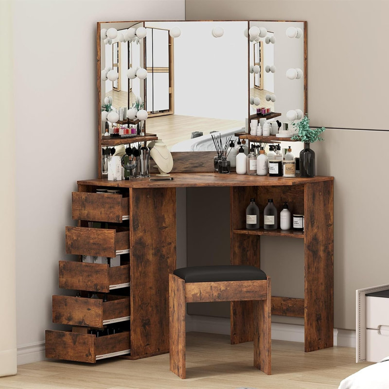 Vanity Desk with Mirror and Lights - Vanity with 3 Lighting Options, Adjustable Brightness, Vanity Set with 5 Sliding Drawers, Shelves and Vanity Stool, Corner Vanity