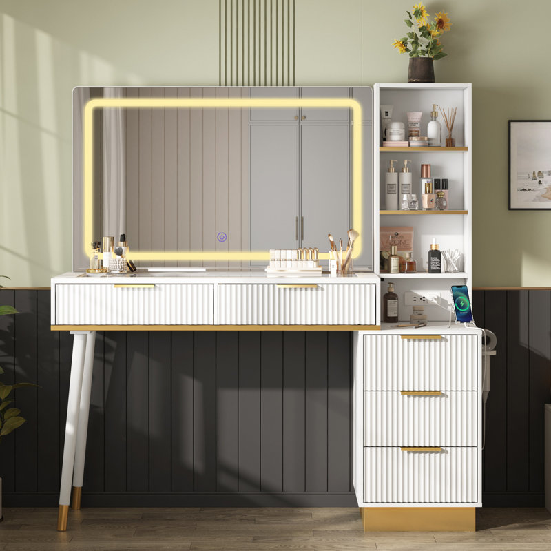 Mercer41 48" Vanity Desk with 35" Large Lighted Mirror, 5 Drawers & Shelves & Charging Station
