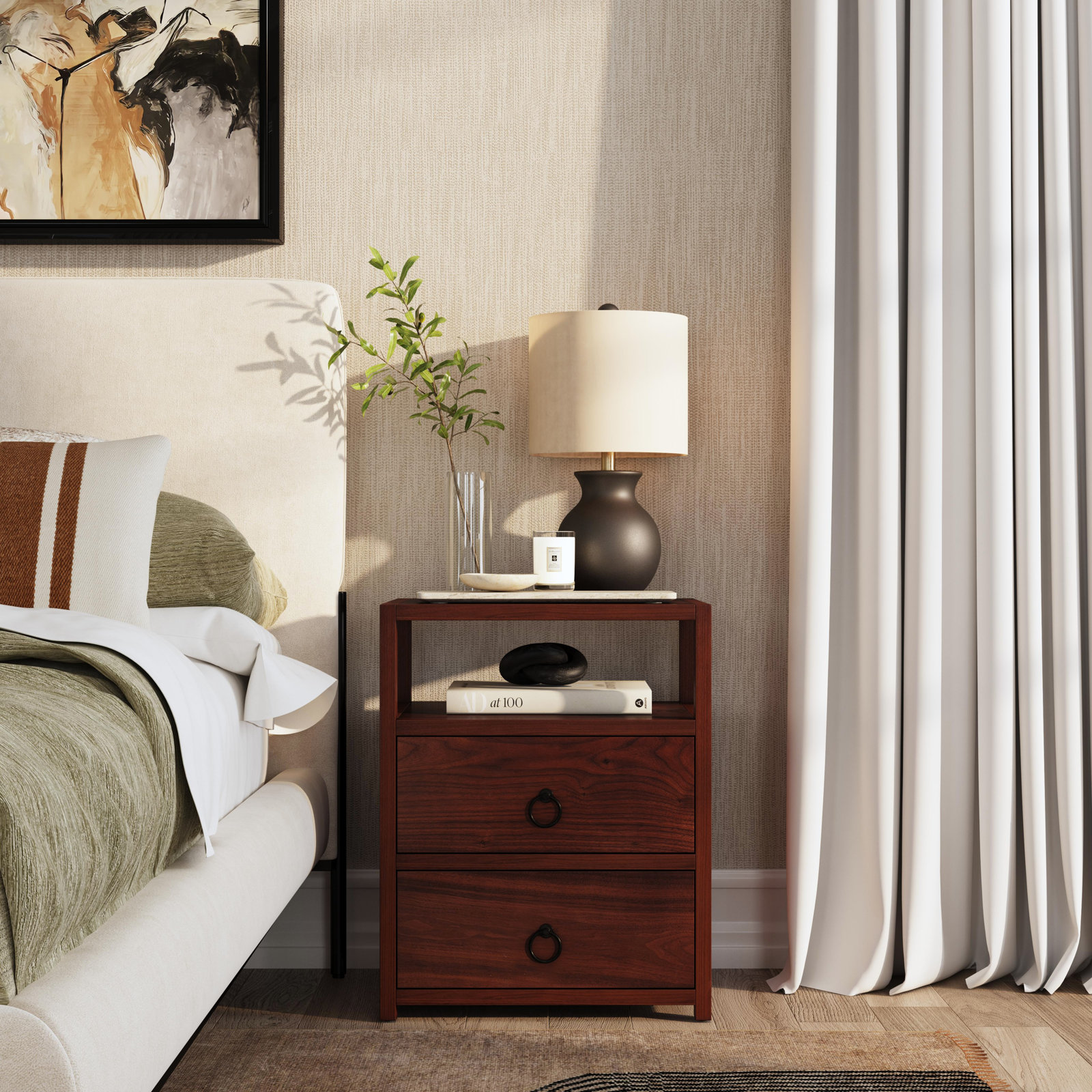 Elin 2-Drawer Acacia Nightstand, Brown