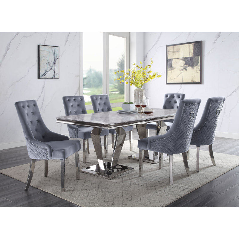 Eardie Rectangular Dining Table in Light Grey and Mirrored Silver