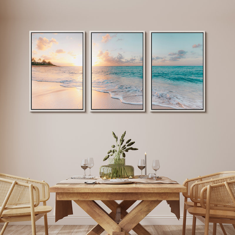 'Paradise' - 3 Piece Floter Frame Print Set on Canvas, White Framed, 36" H x 72" W x 1.5" D