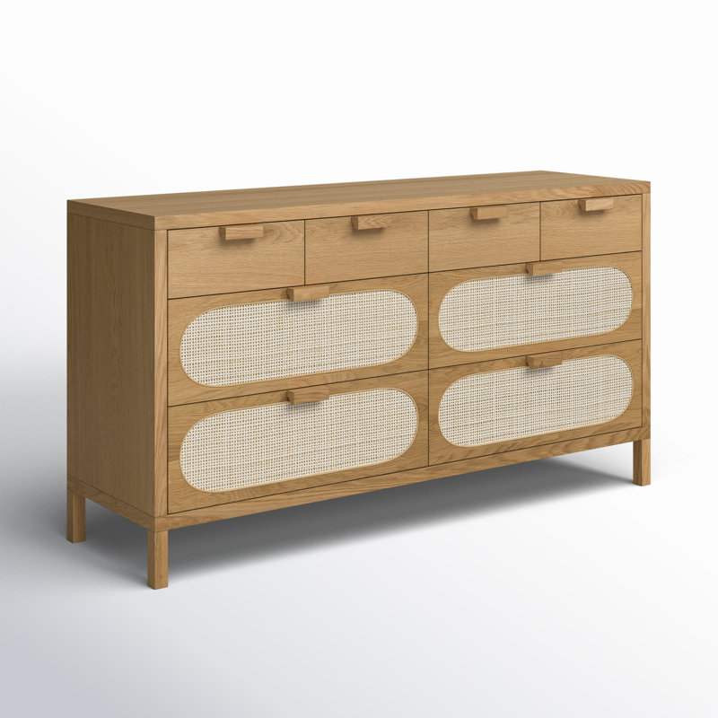 Alder Short Silhouette 8-Drawer Oak and Cane Dresser