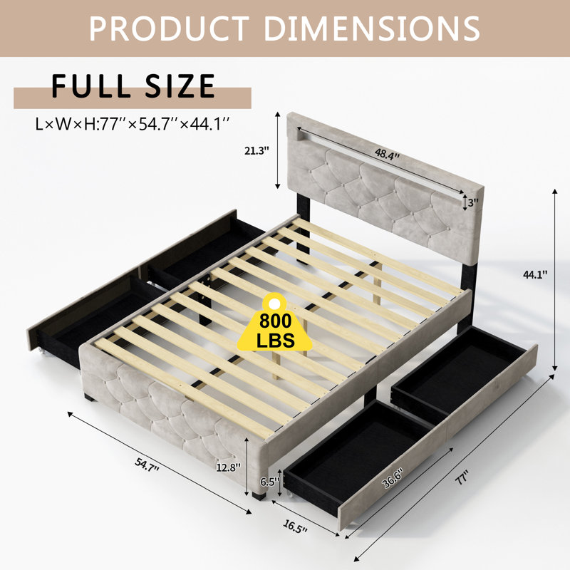 Base de lit tapissier avec rangement à 4 tiroirs et éclairage DEL, Double