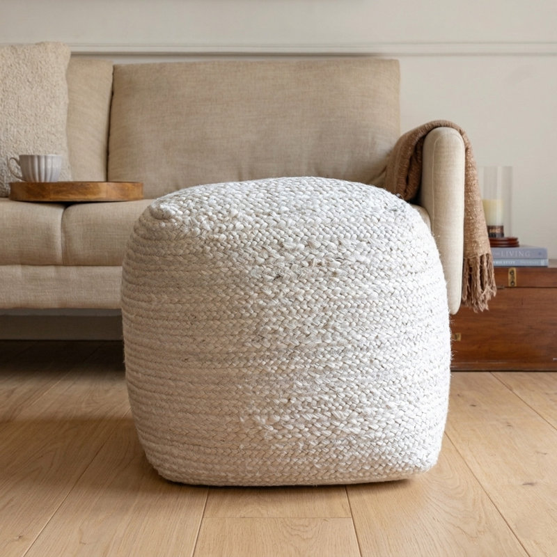 Birzer Modern Farmhouse Solid Hand-Braided Jute Ottoman Pouf, Ivory