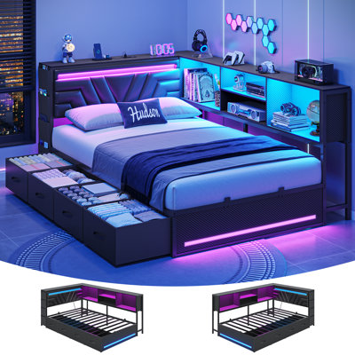 Twin Corner Daybed Bed Frame with Storage Bookcase, 4 Drawers and Charging Station, Gaming Beds with RGB LED Lights & Upholstered Headboard,Esports-Style Twin Size Platform Bed Frames for Teen/Adult, Black