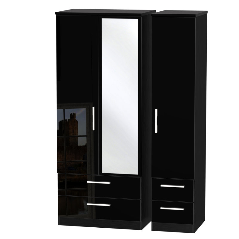 Yvette 3 Door Manufactured Wood Wardrobe, Black, 182.5 cm H x 111 cm W x 53 cm D