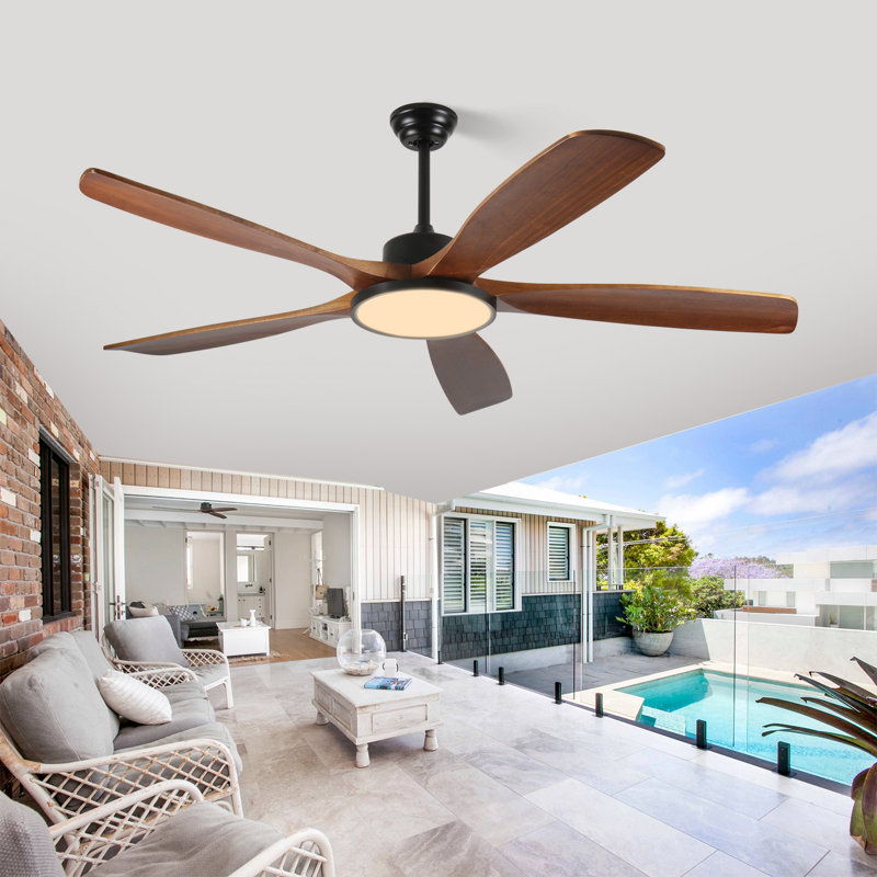 Grand ventilateur de plafond en bois à 5 pales avec lumière DEL et télécommande, Bois réversible de 62 pouces